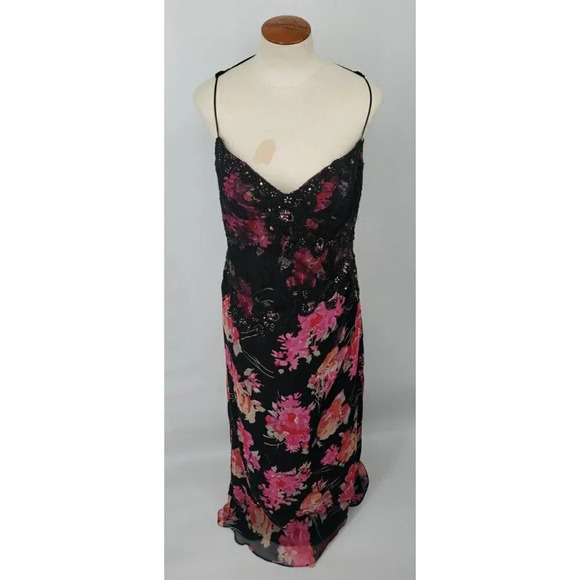Ricki Freeman Teri Jon Silk Floral Sequin Beaded Halter Maxi Dress Sz 12 - Picture 3 of 16